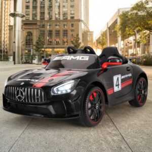 Акумулаторна кола Mercedes Benz GT4 AMG с кожена седалка 12V - Черна