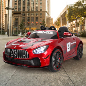 Акумулаторна кола Mercedes Benz GT4 AMG с кожена седалка 12V Червена