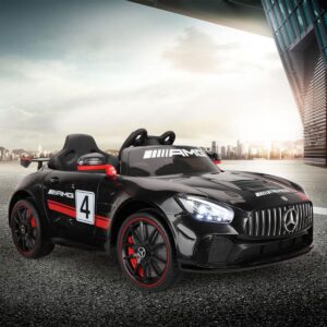 Акумулаторна кола Mercedes Benz GT4 AMG с кожена седалка 12V - Черна