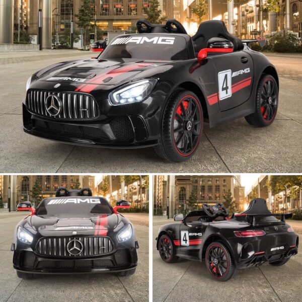 Акумулаторна кола Mercedes Benz GT4 AMG с кожена седалка 12V - Черна