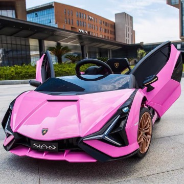 142730_45 Акумулаторна кола Lamborghini SIAN 4X4 12V с меки гуми, кожена седалка и дистанционно управление - Розова