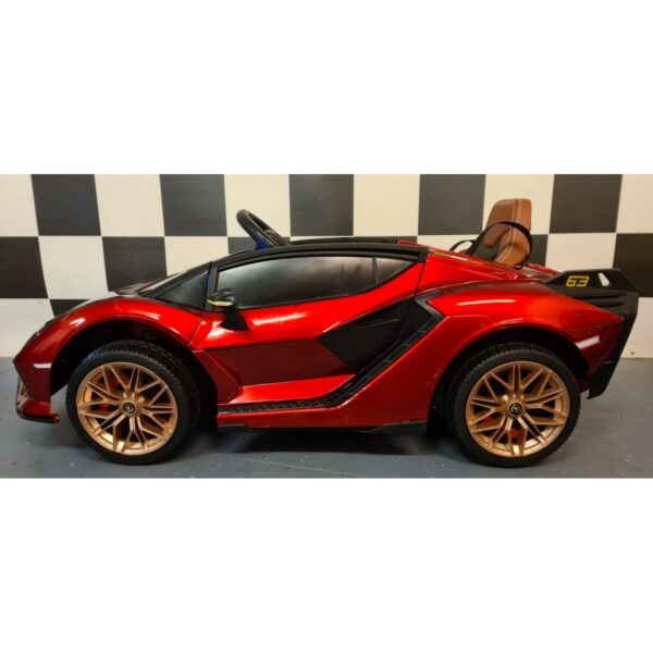 Акумулаторна кола Lamborghini SIAN 4X4 12V с меки гуми, кожена седалка и дистанционно управление - Червена