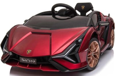 Акумулаторна кола Lamborghini SIAN 4X4 12V с меки гуми, кожена седалка и дистанционно управление - Червена