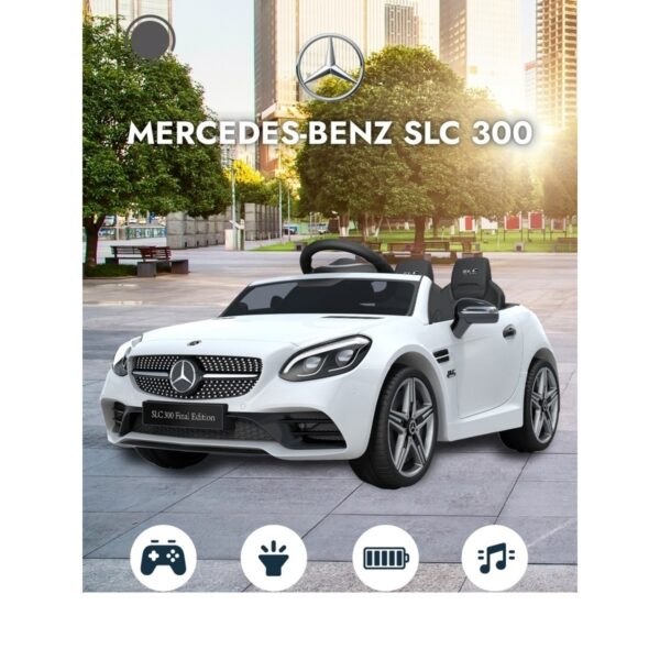 Акумулаторна кола Mercedes SLC300 с меки гуми и кожена седалка 12V Бяла