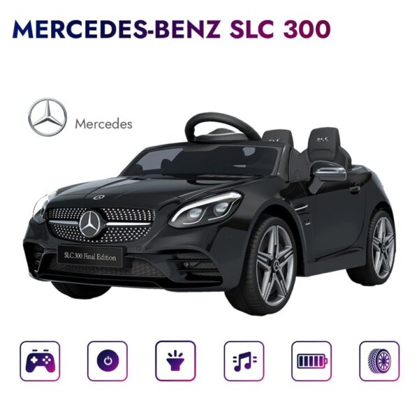 Акумулаторна кола Mercedes SLC300 с меки гуми и кожена седалка 12V Черна