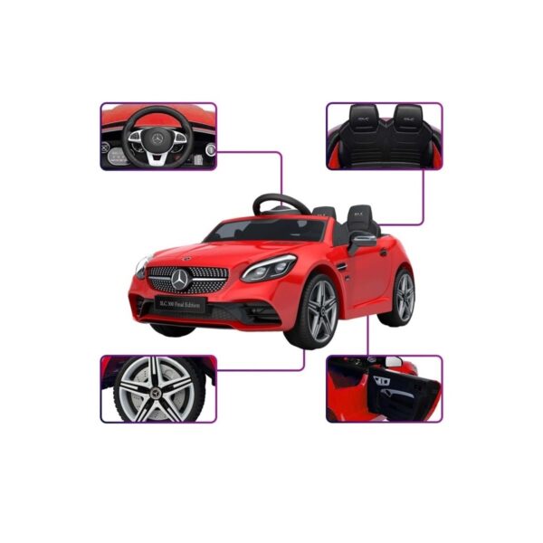 Акумулаторна кола Mercedes SLC300 с меки гуми и кожена седалка 12V Червена